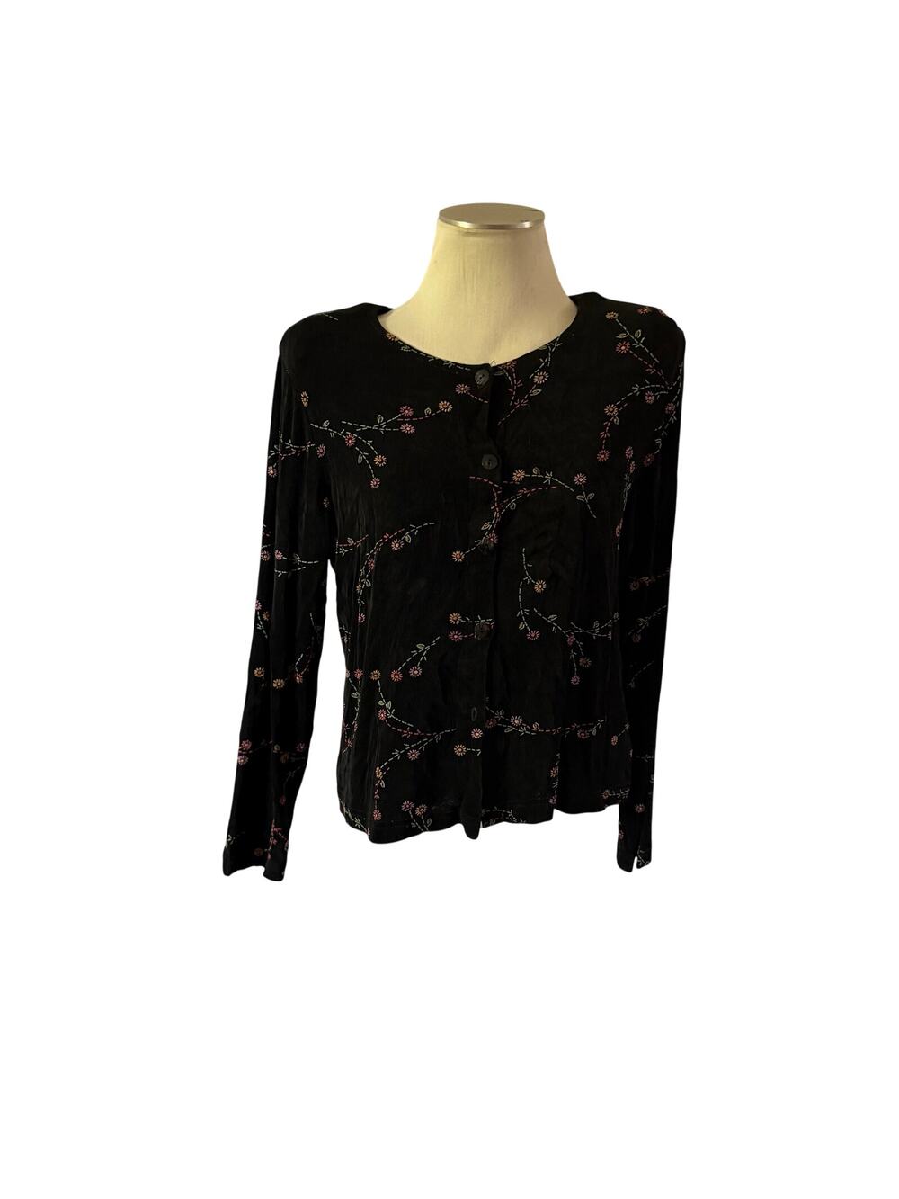 Vtg Y2K 2000s Black Floral Cardigan Top Sz M Whimsigoth 90s Fairy Grunge